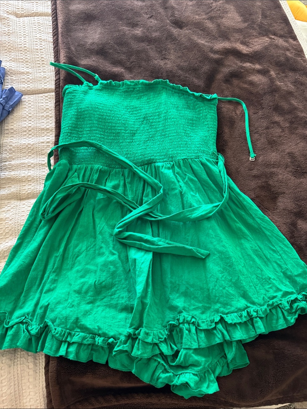 Girls' Green Smocked Sundress Romper with Ruffle Hem